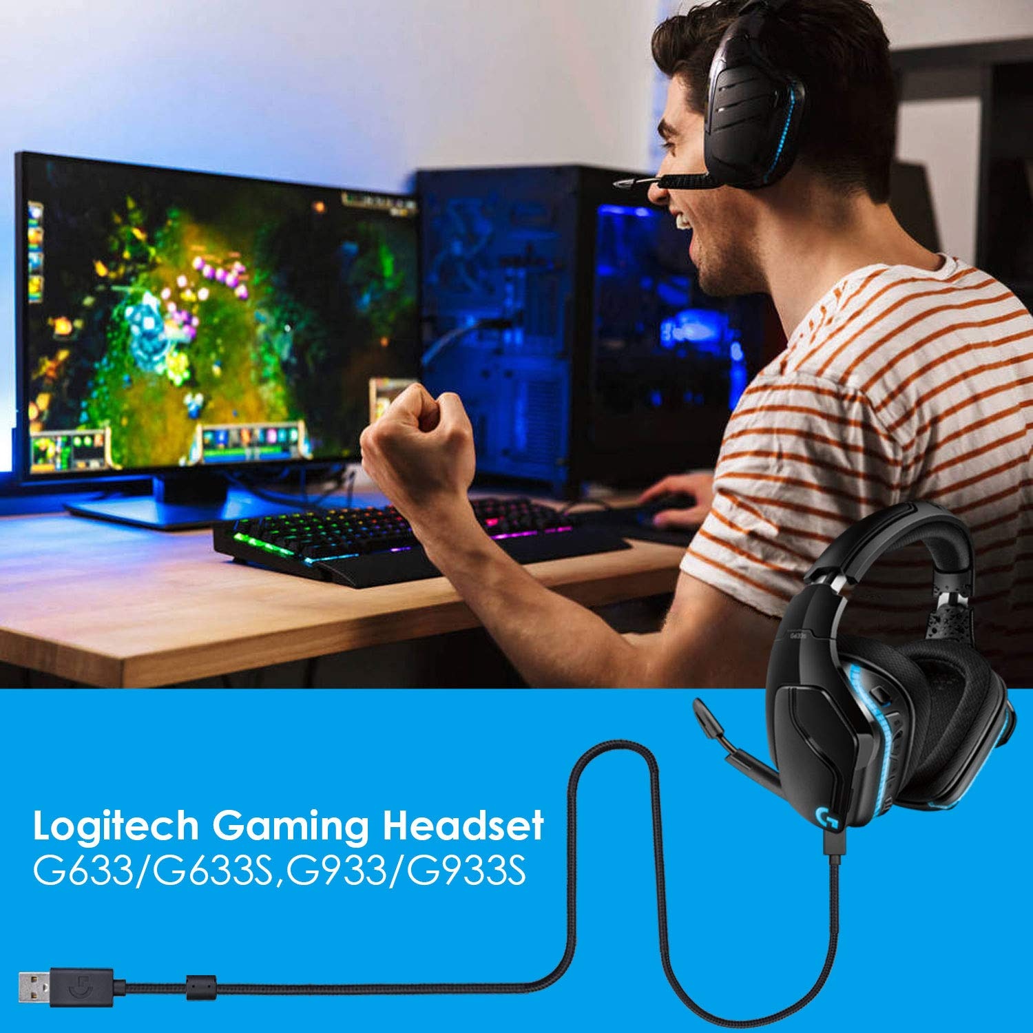 OFC Nylon Braided Replacement USB Charging Audio Data Cable Extension Cord for Logitech G635 G633 G933 G935 G633S G933S Headsets OFC Nylon Braided Replacement USB Charging Audio Data Cable Extension Cord for Logitech G635 G633 G933 G935 G633S G933S Headsets
