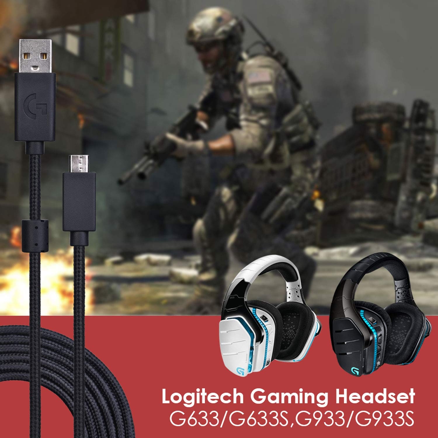 OFC Nylon Braided Replacement USB Charging Audio Data Cable Extension Cord for Logitech G635 G633 G933 G935 G633S G933S Headsets OFC Nylon Braided Replacement USB Charging Audio Data Cable Extension Cord for Logitech G635 G633 G933 G935 G633S G933S Headsets