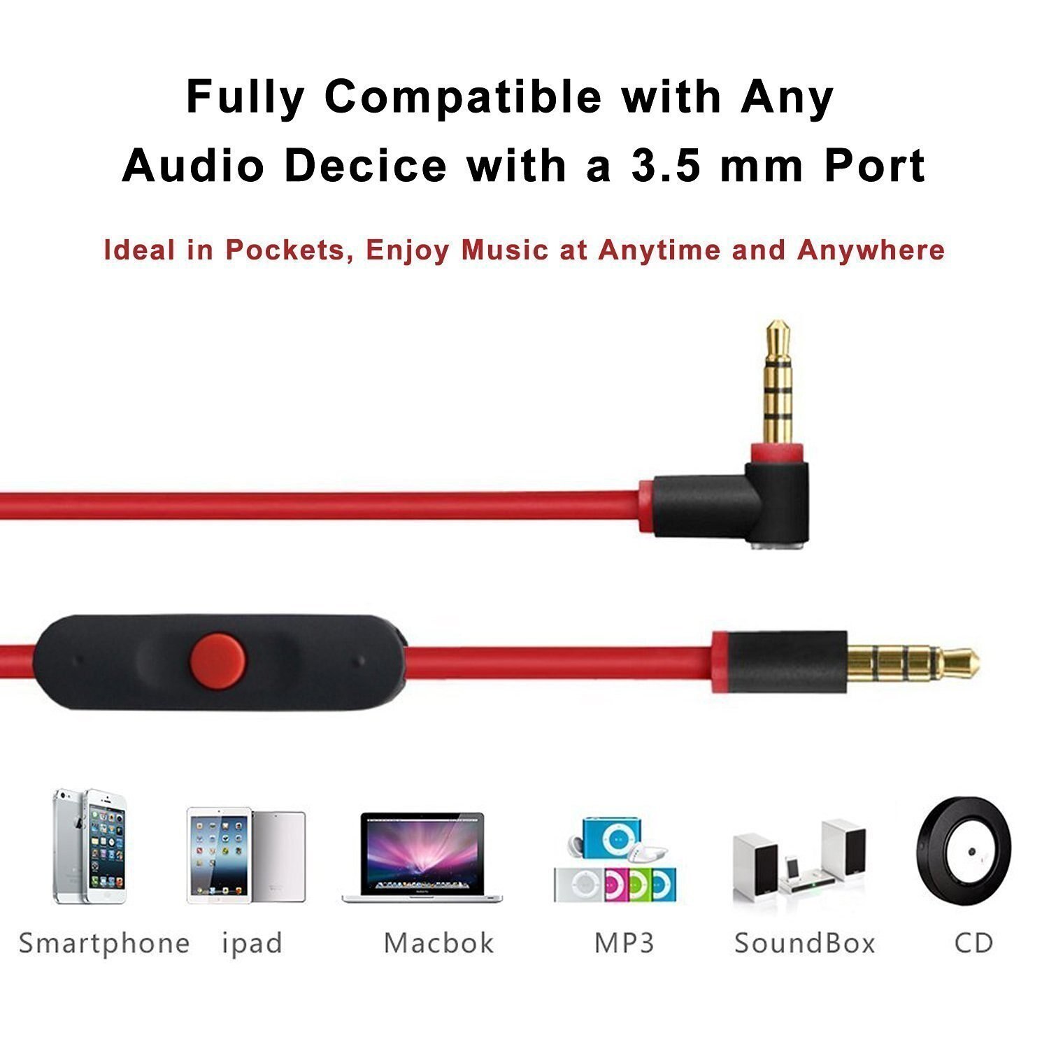 Replacement Beats Audio Cable + Inline Remote/Microphone for Beats by Dr. Dre Headphone Solo 2/3 HD/Studio/Pro/Detox