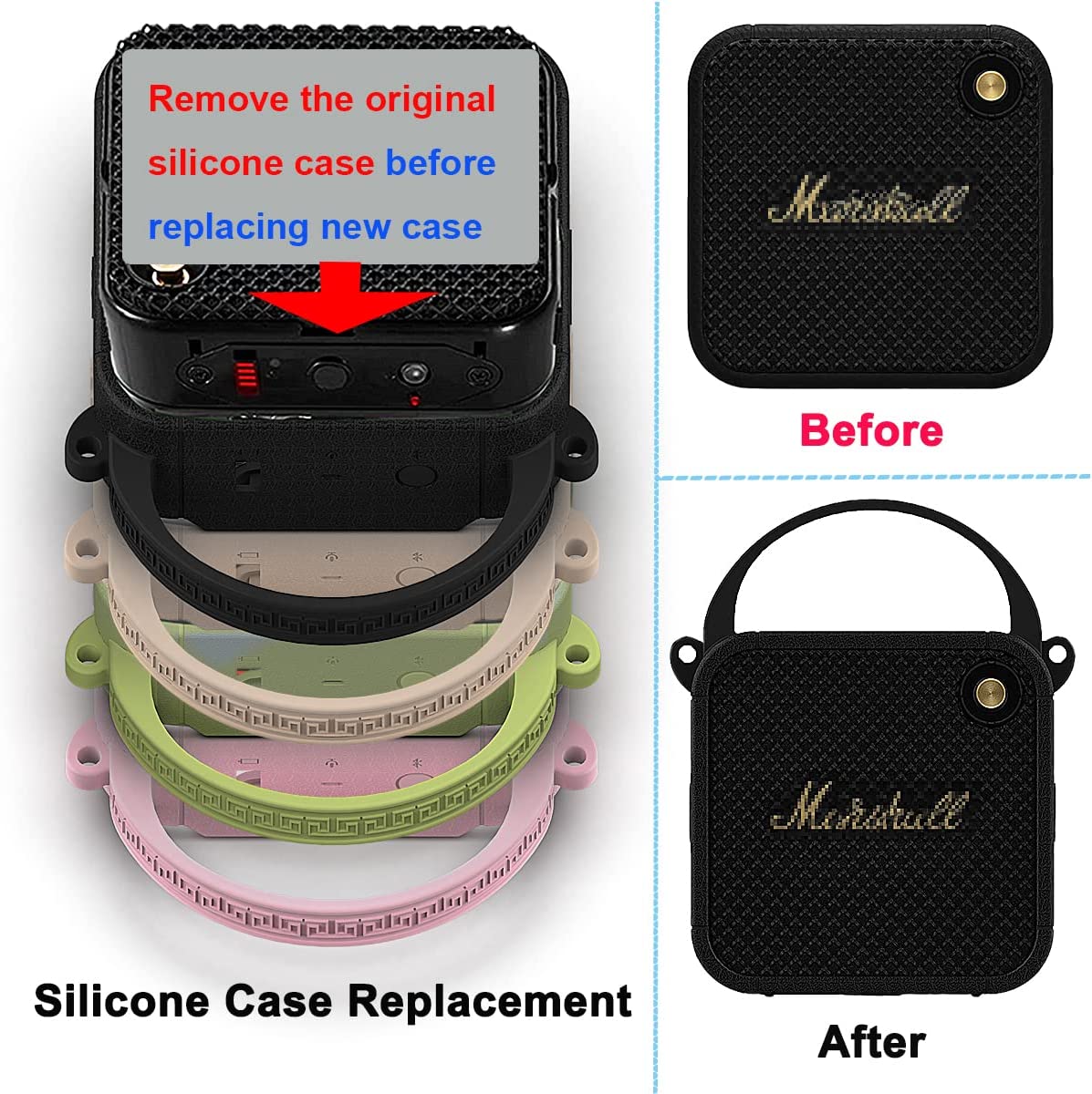 Silicone Protective Cover Case and Strap for Marshall Willen Portable Bluetooth Speaker