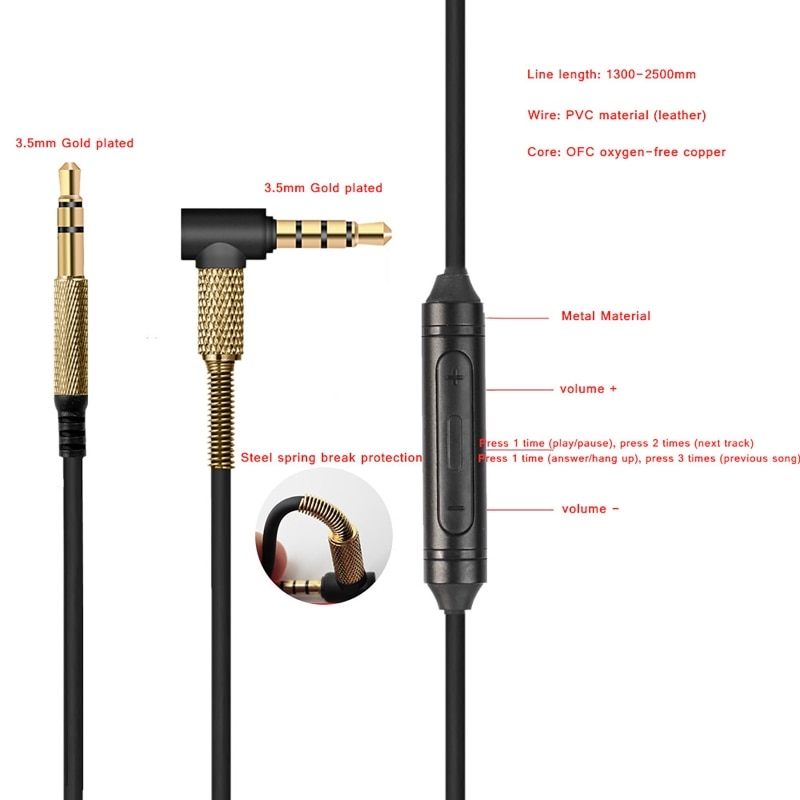 Replacement Audio Cable for Marshall Major II 2 3 Monitor MID Headphones Cord with Mic Volume Control